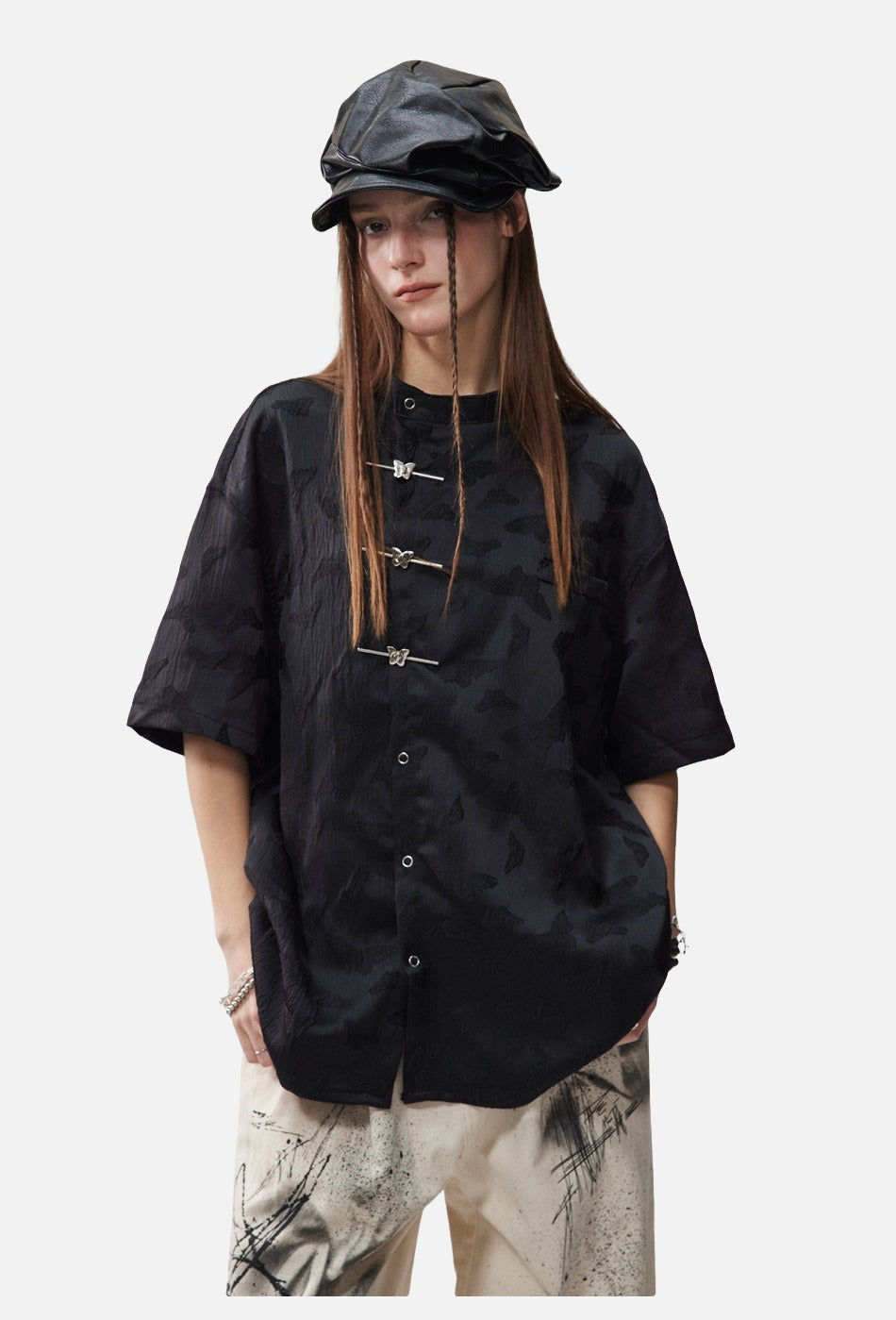 Subtle Butterfly Motif Band Collar Shirt