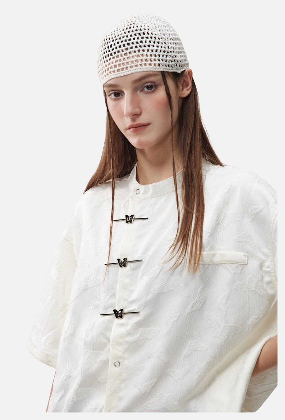 Subtle Butterfly Motif Band Collar Shirt