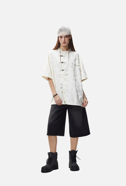 Subtle Butterfly Motif Band Collar Shirt