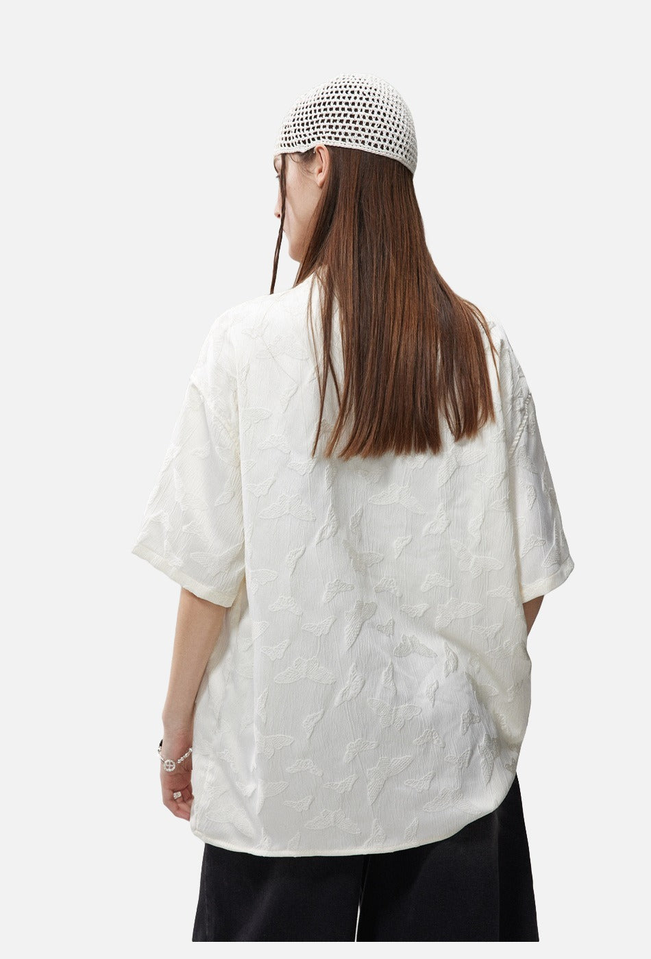 Subtle Butterfly Motif Band Collar Shirt