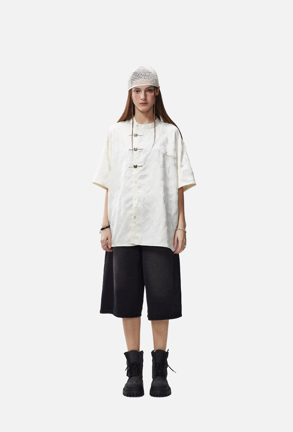 Subtle Butterfly Motif Band Collar Shirt