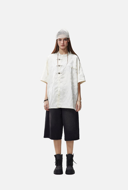 Subtle Butterfly Motif Band Collar Shirt