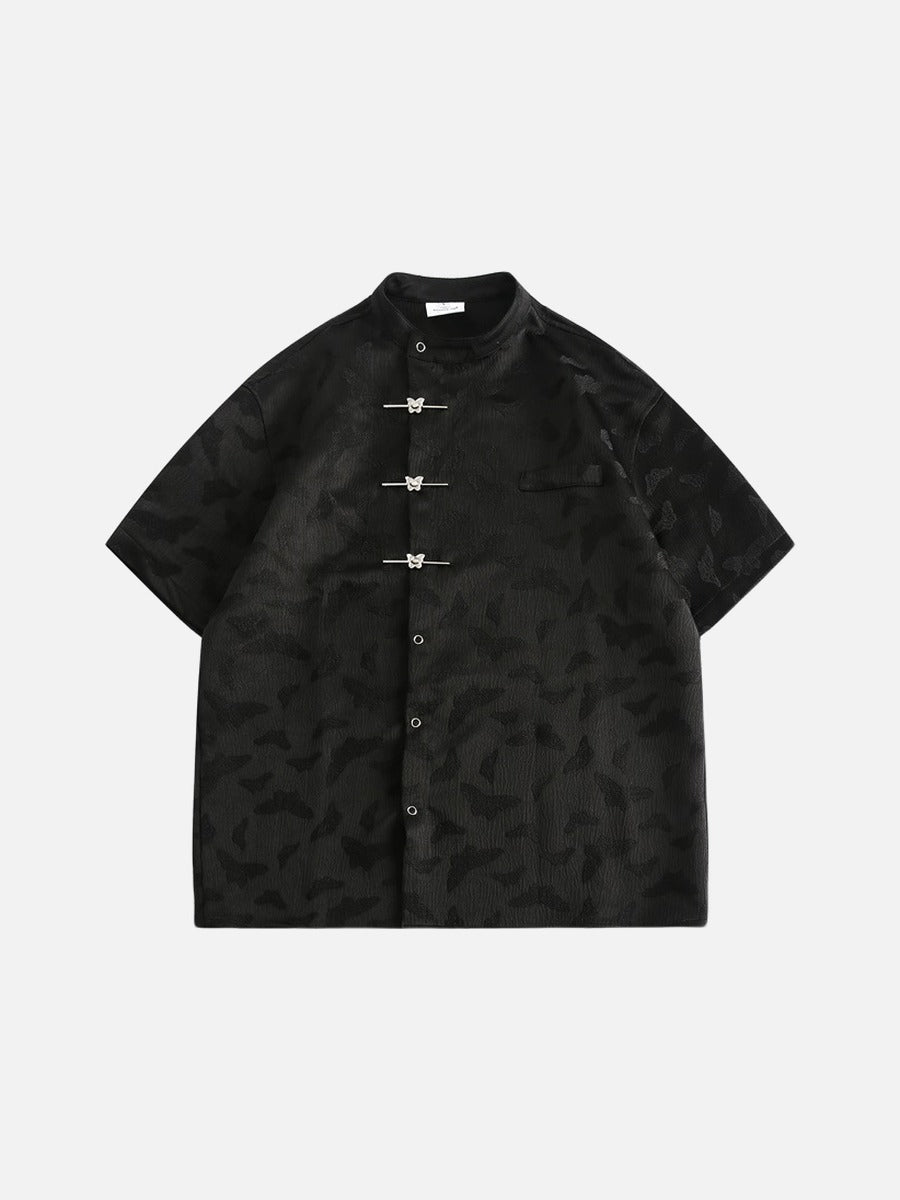 Subtle Butterfly Motif Band Collar Shirt