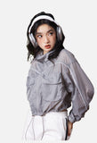 Cropped Grey Windbreaker Jacket with Flap Pockets