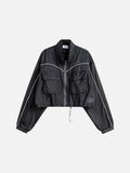 Cropped Grey Windbreaker Jacket with Flap Pockets