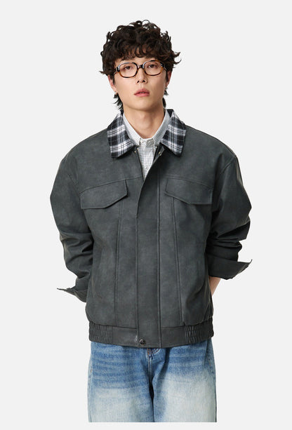Plaid-Collared Bomber Jacket
