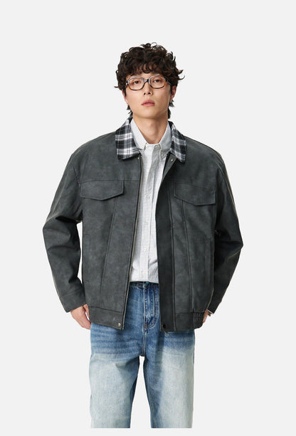 Plaid-Collared Bomber Jacket
