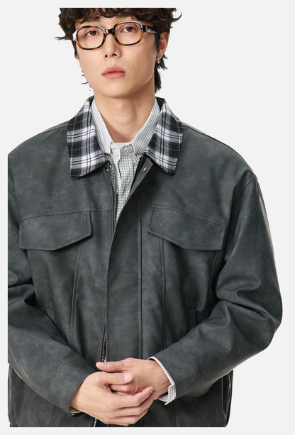 Plaid-Collared Bomber Jacket