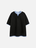 Layered Look with Striped Collar Short-Sleeve Top
