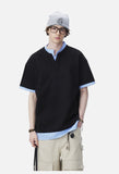 Layered Look with Striped Collar Short-Sleeve Top