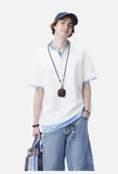 Layered Look with Striped Collar Short-Sleeve Top