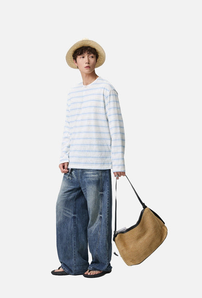 Light Blue Striped Lightweight Knit Henley Top