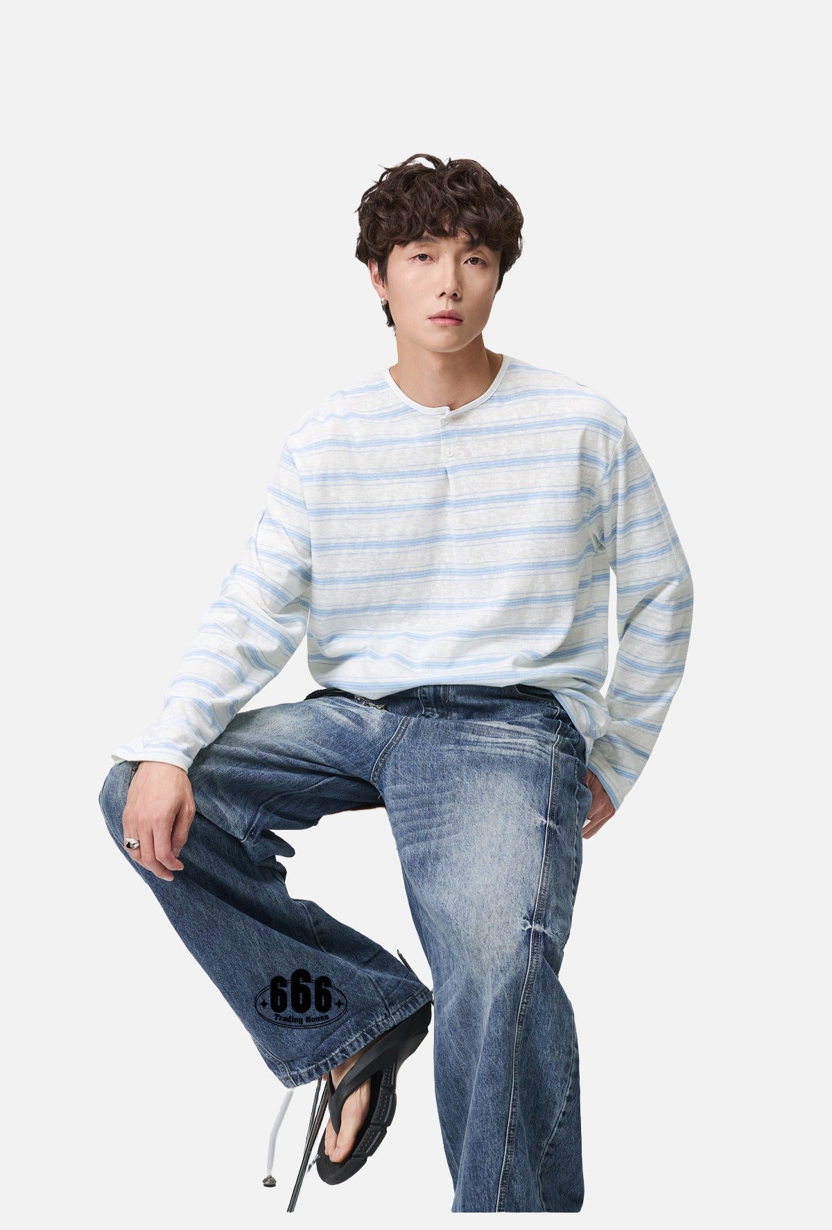 Light Blue Striped Lightweight Knit Henley Top