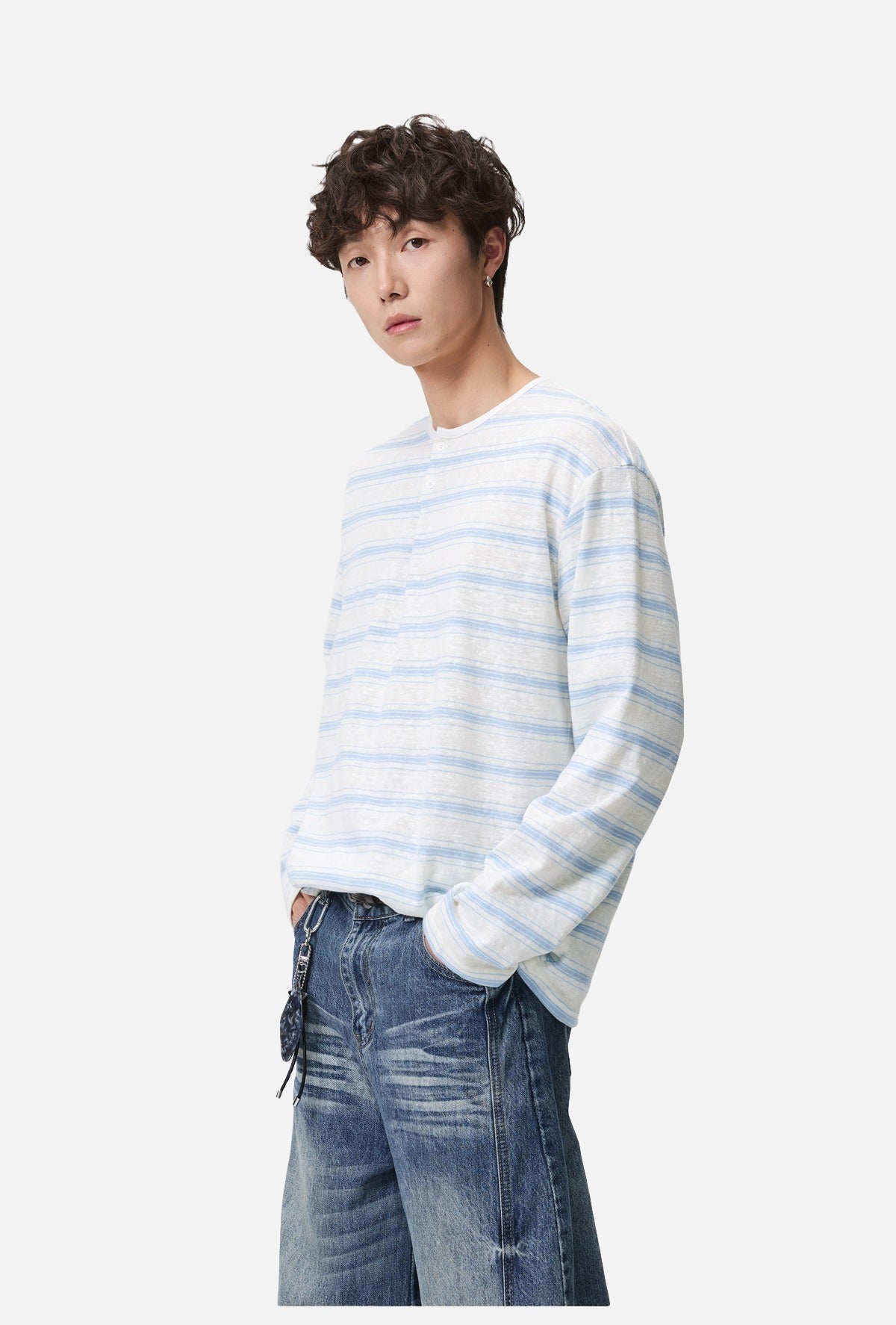 Light Blue Striped Lightweight Knit Henley Top