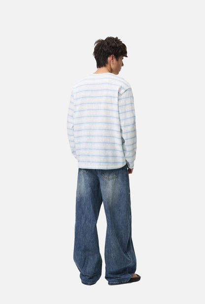 Light Blue Striped Lightweight Knit Henley Top