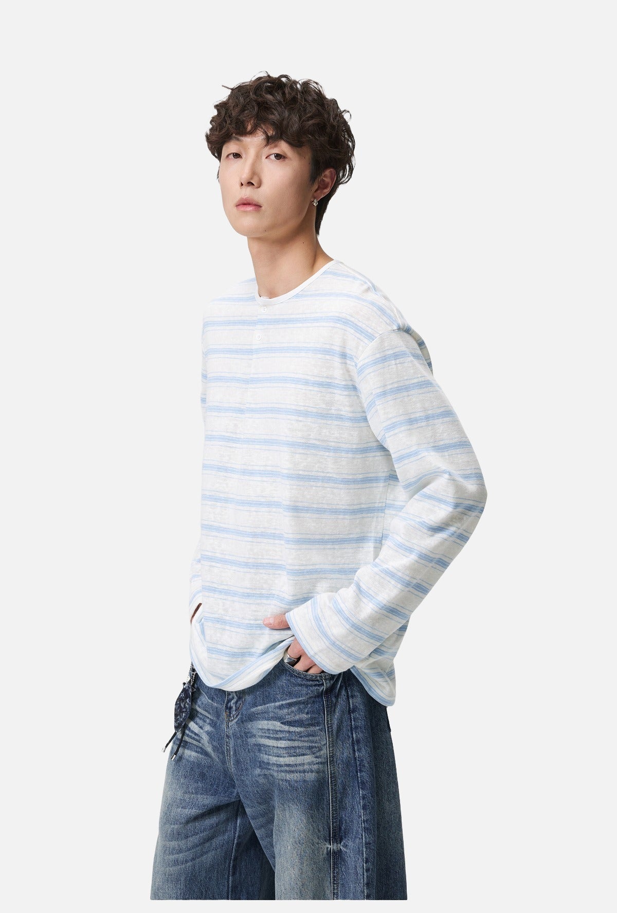 Light Blue Striped Lightweight Knit Henley Top
