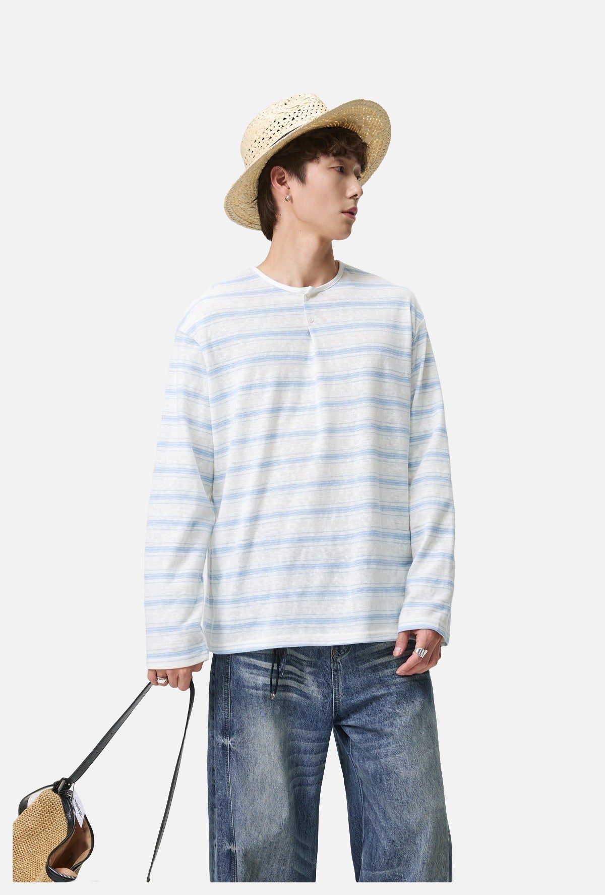 Light Blue Striped Lightweight Knit Henley Top