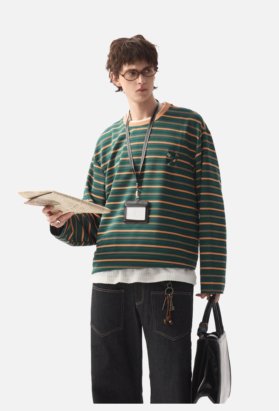 Geometric Embroidered Striped Oversized Top