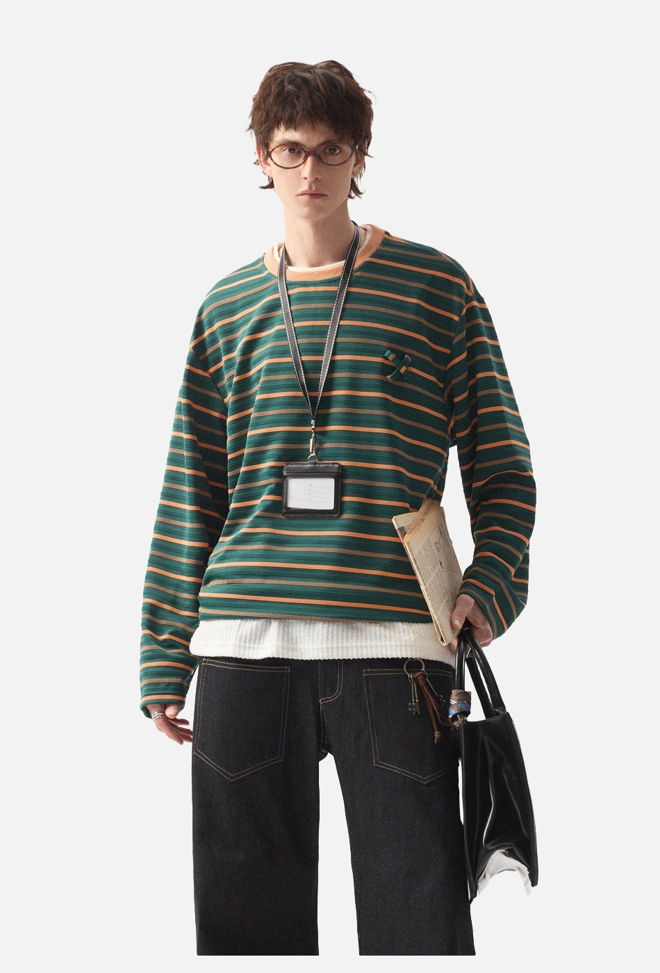 Geometric Embroidered Striped Oversized Top