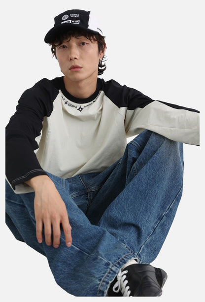 Embroidered Star Pattern Color Block T-Shirt