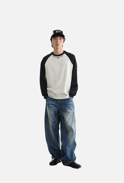 Embroidered Star Pattern Color Block T-Shirt