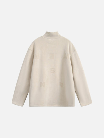 Muted Olive Mock Neck with Embossed Graphic Top