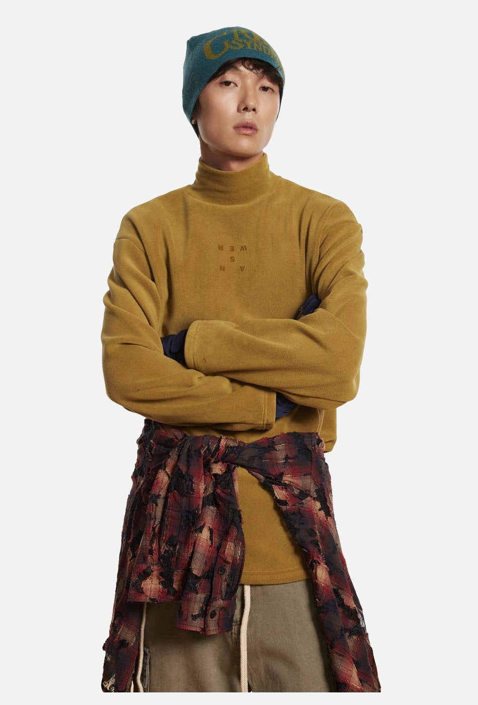 Muted Olive Mock Neck with Embossed Graphic Top