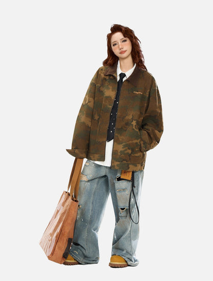 Camouflage Bomber Jacket with Corduroy Collar