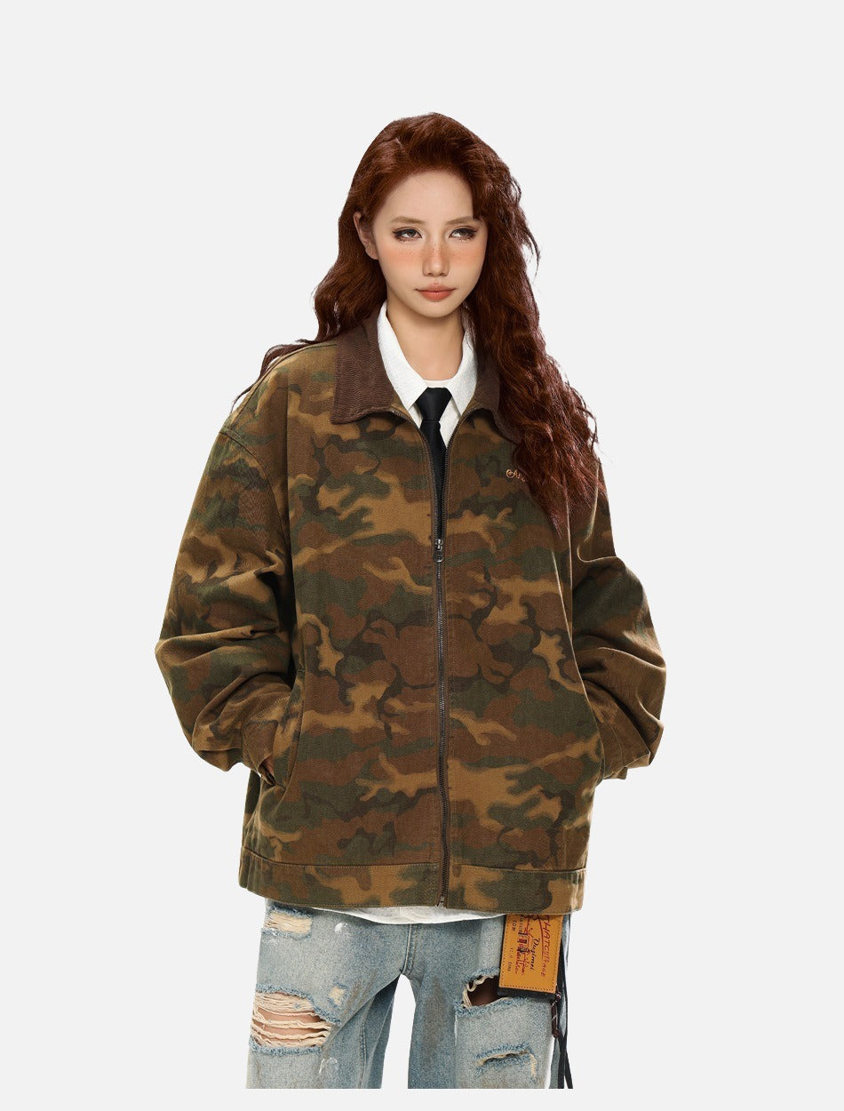Camouflage Bomber Jacket with Corduroy Collar
