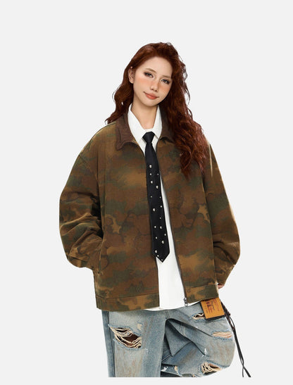Camouflage Bomber Jacket with Corduroy Collar