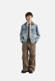Contrasting Brown Collar Light Blue Denim Jacket