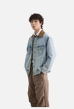 Contrasting Brown Collar Light Blue Denim Jacket