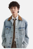 Contrasting Brown Collar Light Blue Denim Jacket