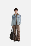Contrasting Brown Collar Light Blue Denim Jacket