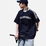 DAXUEN solid navy blue oversized arched text graphic t-shirt
