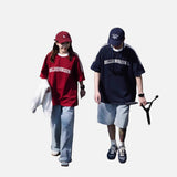 DAXUEN solid navy blue oversized arched text graphic t-shirt