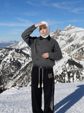DAXUEN dark charcoal asymmetrical button bomber jacket — model photo