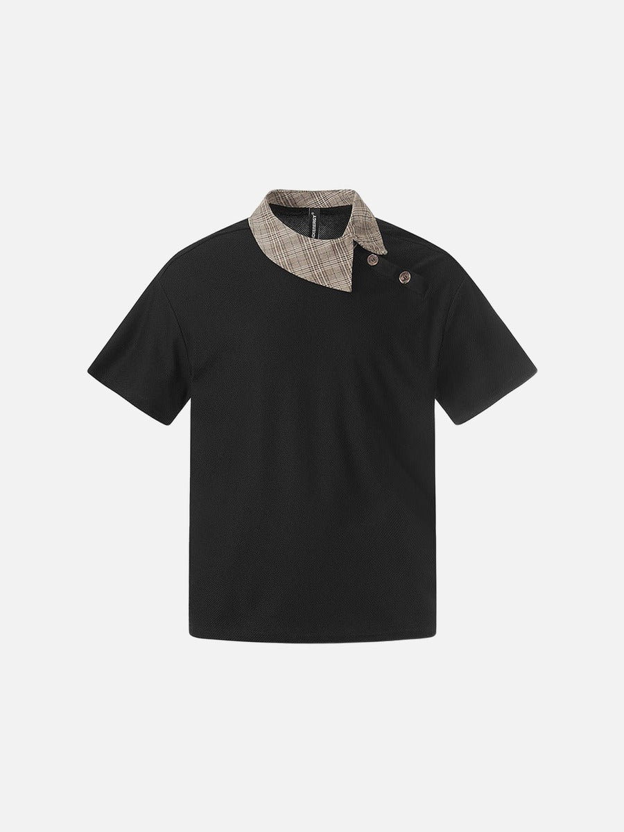 DAXUEN Asymmetrical collar short-sleeve top in cream and black