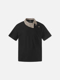 DAXUEN Asymmetrical collar short-sleeve top in cream and black