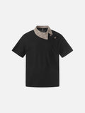 DAXUEN Asymmetrical collar short-sleeve top in cream and black