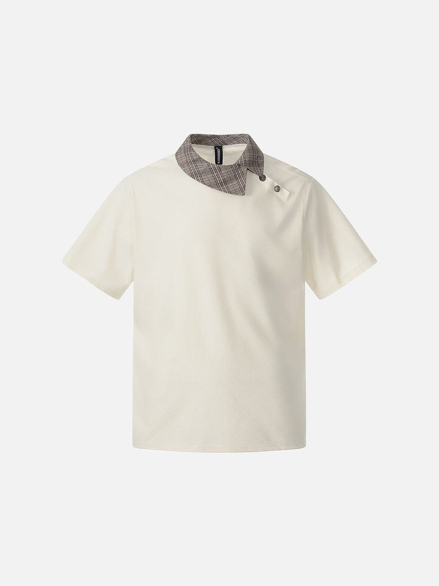 DAXUEN Asymmetrical collar short-sleeve top in cream and black