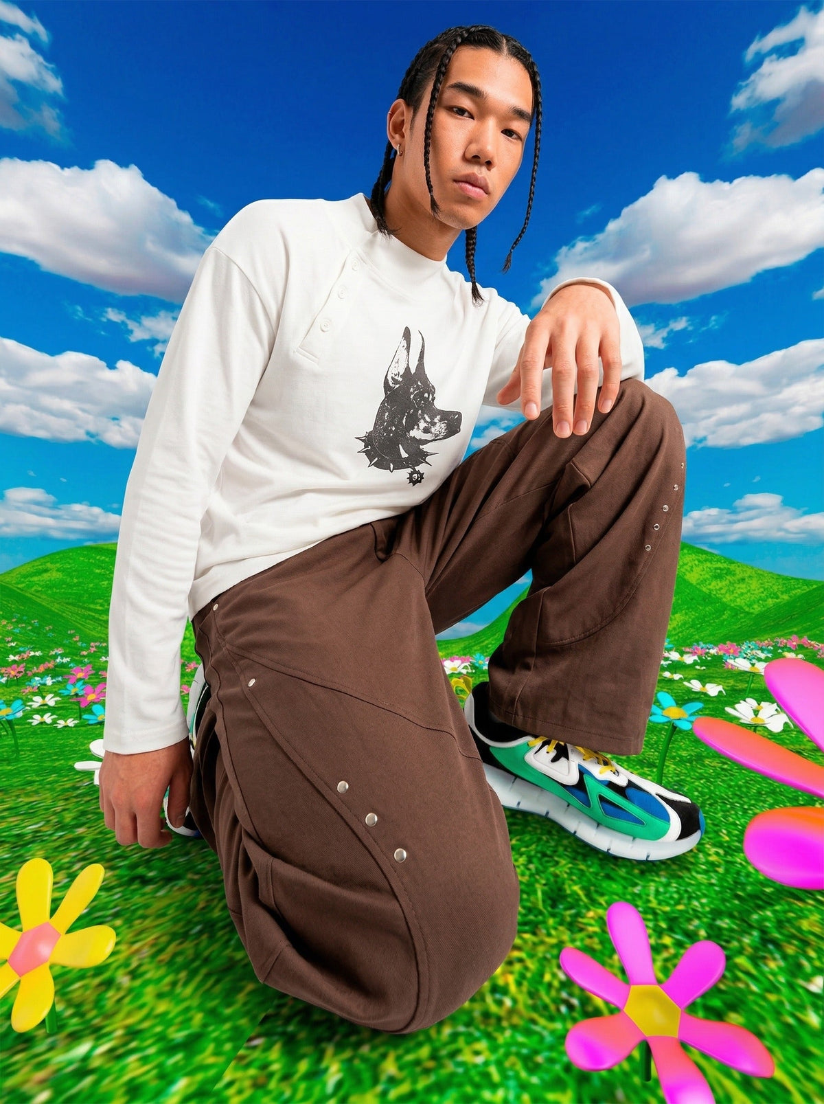 DAXUEN Long-sleeved tee with doberman graphic — model photo