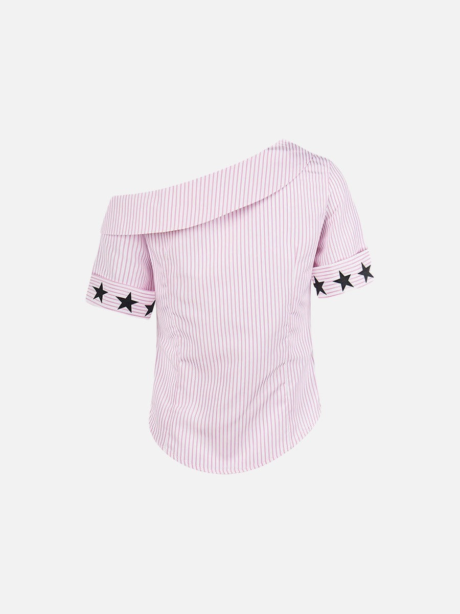 DAXUEN Women's asymmetrical off-shoulder shirt with stripes and graphic