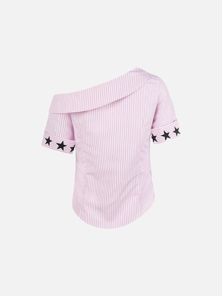 DAXUEN Women's asymmetrical off-shoulder shirt with stripes and graphic