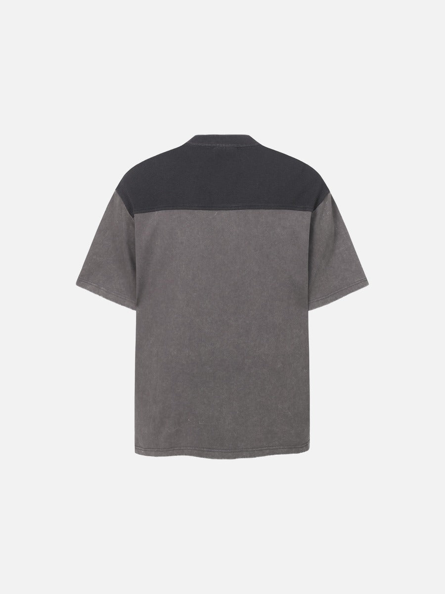 DAXUEN Asymmetrical panel t-shirt in charcoal grey and dark waffle knit