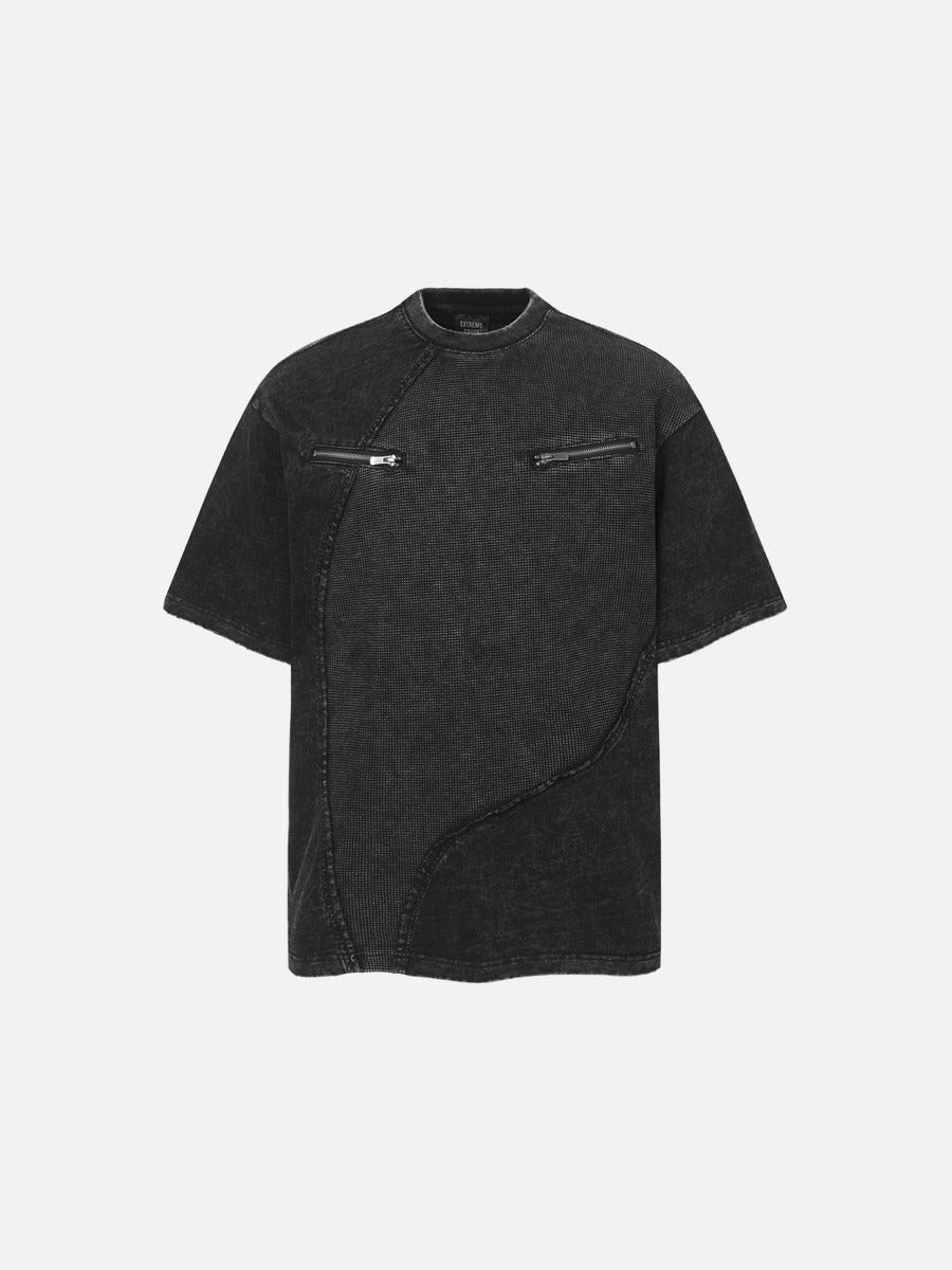 DAXUEN Asymmetrical panel t-shirt in charcoal grey and dark waffle knit