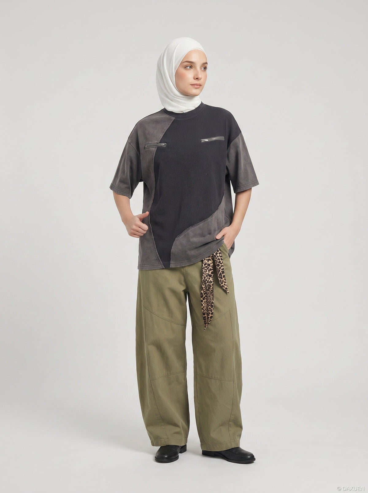 DAXUEN Asymmetrical panel t-shirt in charcoal grey and dark waffle knit — model photo