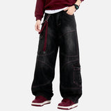 DAXUEN Baggy cargo jeans in washed black denim with red stitching