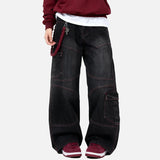 DAXUEN Baggy cargo jeans in washed black denim with red stitching
