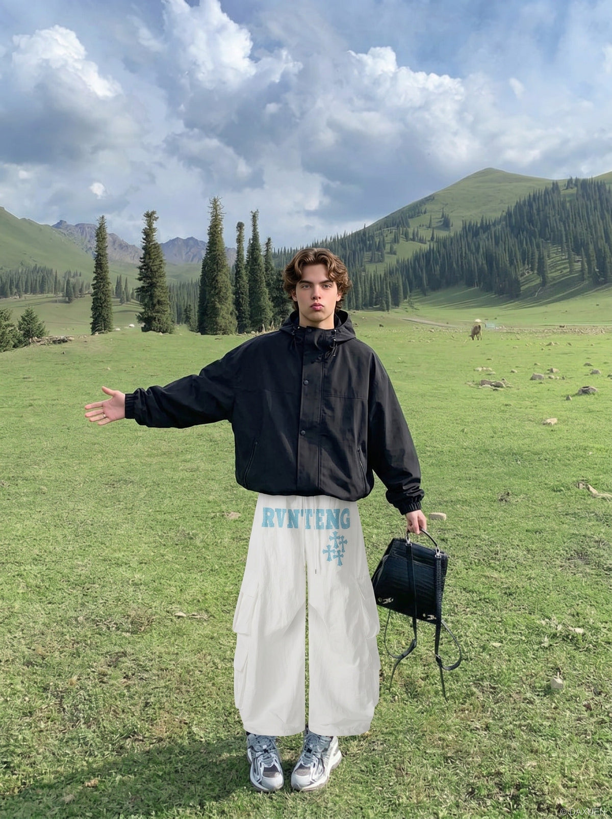 DAXUEN Wide-leg cargo pants with graphic print — model photo